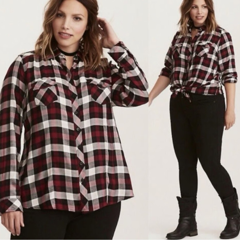 Torrid Plaid Flannel Button Up Camp Shirt Size 2X Black Pink White